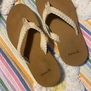 Sanuk Tan Footbed with Cream Braided Straps Flip Flops